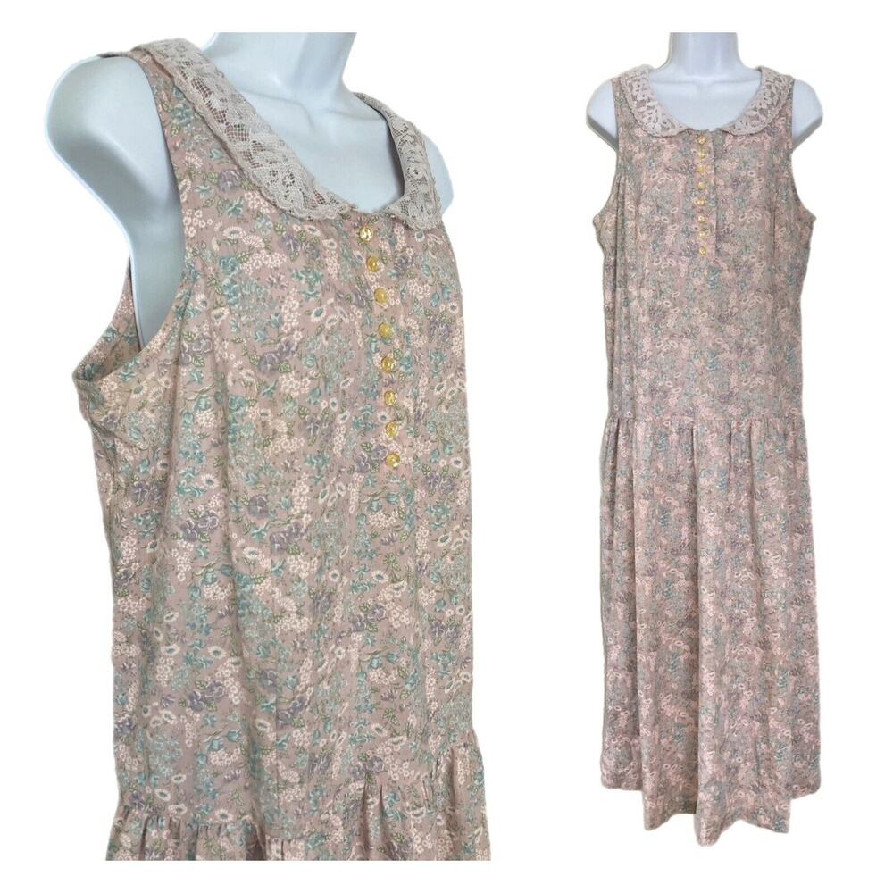 Vintage 80s Cottage Prairie Boho Calico Floral Drop Waist Lace Collar Dress M/L